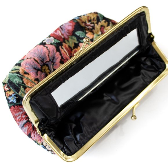 Vintage Floral Tapestry Purse + Makeup Bag w/ Mirror Set 1950s Retro - Picture 3 of 8